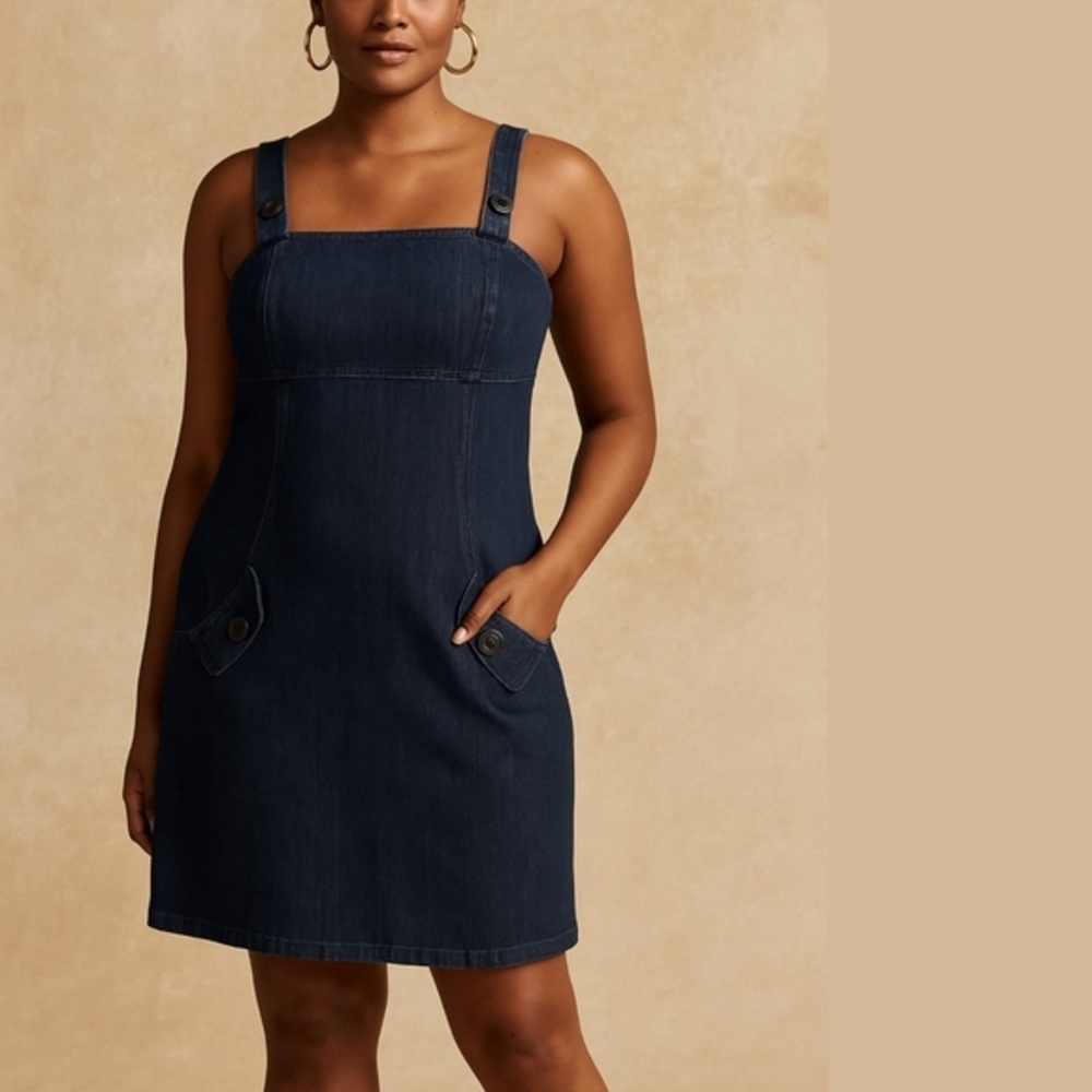 Nygard NWT Women's Denim Overalls Jumper Dress‎ With Pockets Dark Indigo Stretch
